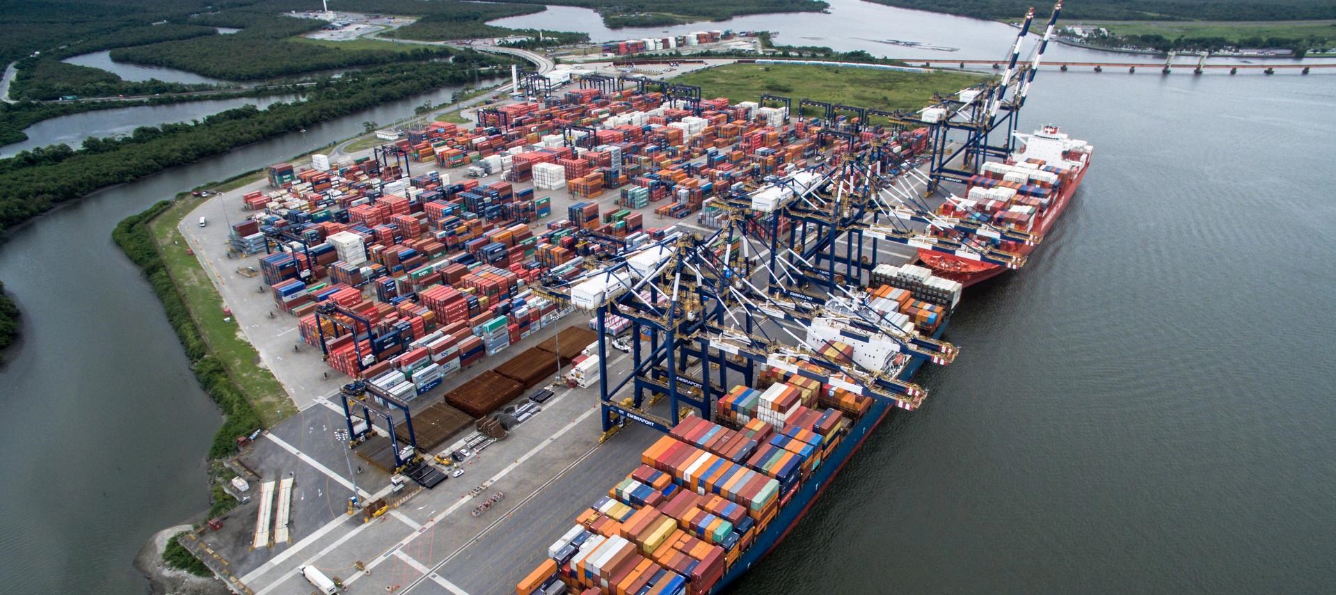 Aerial view of customer vessels and container yard at Santos port Source DP World